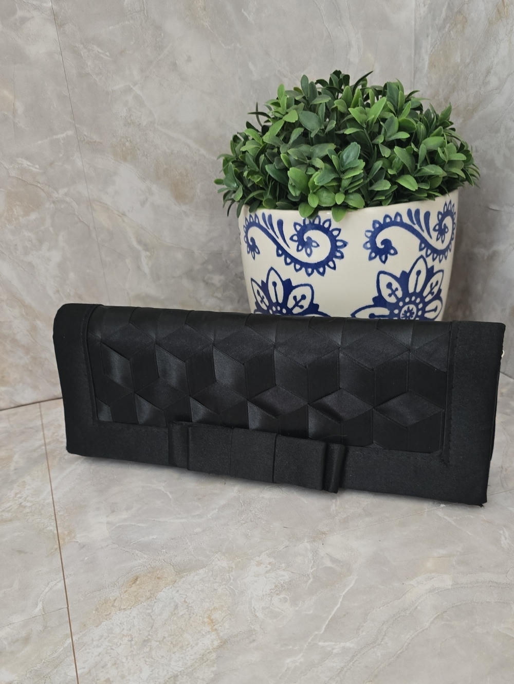 RSVP Black Satin Geometric Woven Evening Clutch Bag with Bow